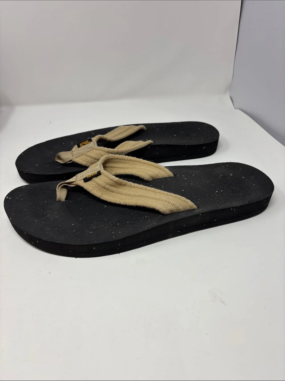 Teva | Black Footbed Flip Flops with Tan Fabric Straps 11